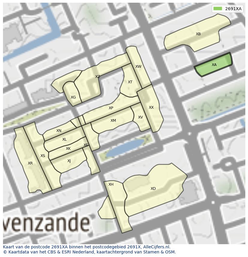 Afbeelding van het postcodegebied 2691 XA op de kaart.