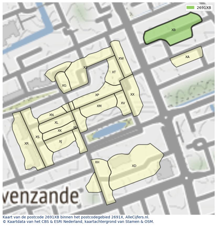 Afbeelding van het postcodegebied 2691 XB op de kaart.