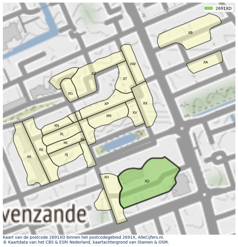 Afbeelding van het postcodegebied 2691 XD op de kaart.