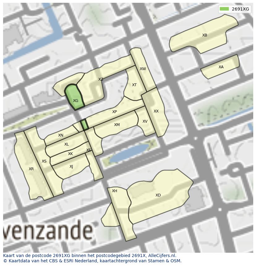 Afbeelding van het postcodegebied 2691 XG op de kaart.