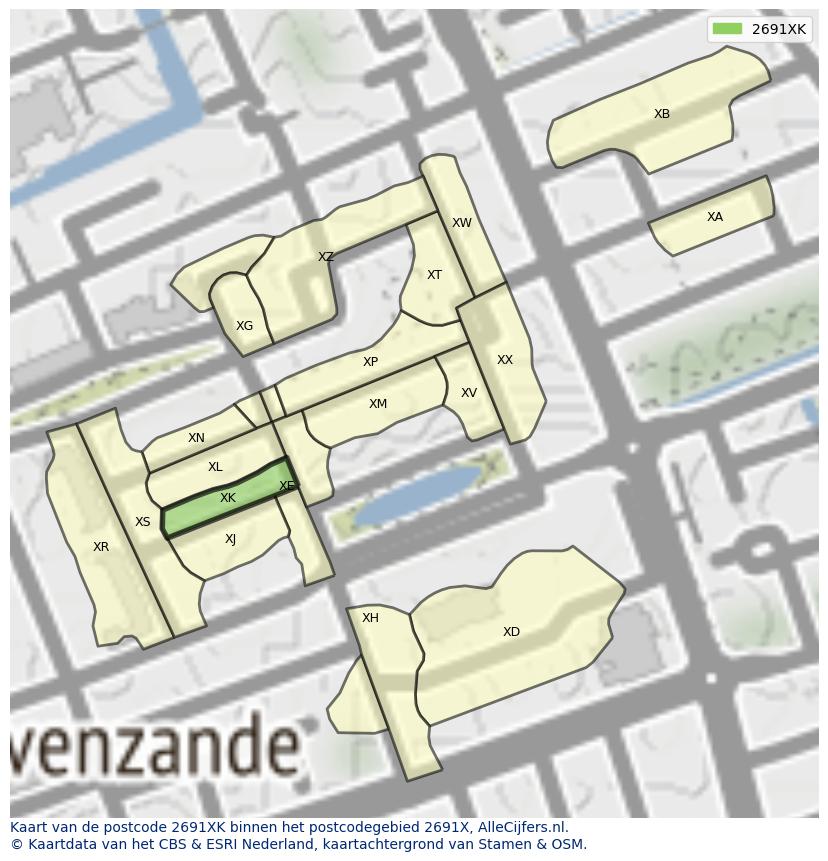 Afbeelding van het postcodegebied 2691 XK op de kaart.