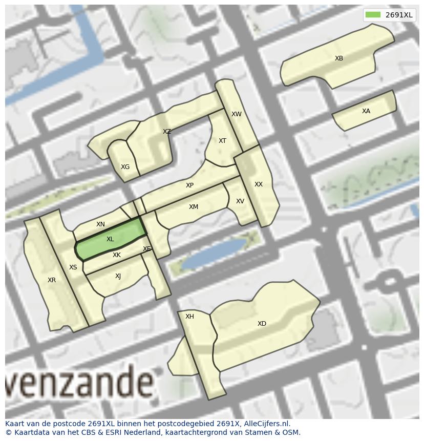 Afbeelding van het postcodegebied 2691 XL op de kaart.