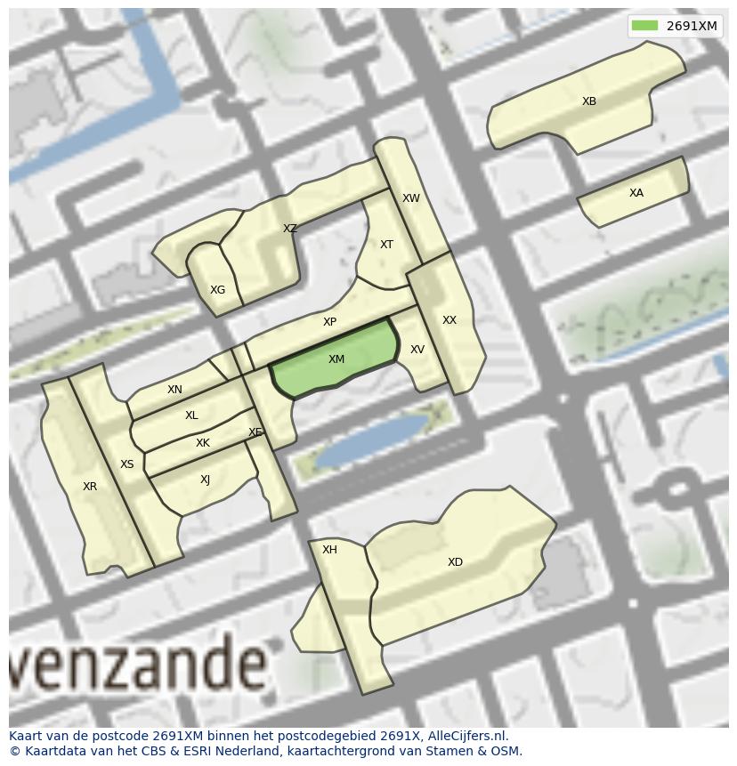 Afbeelding van het postcodegebied 2691 XM op de kaart.