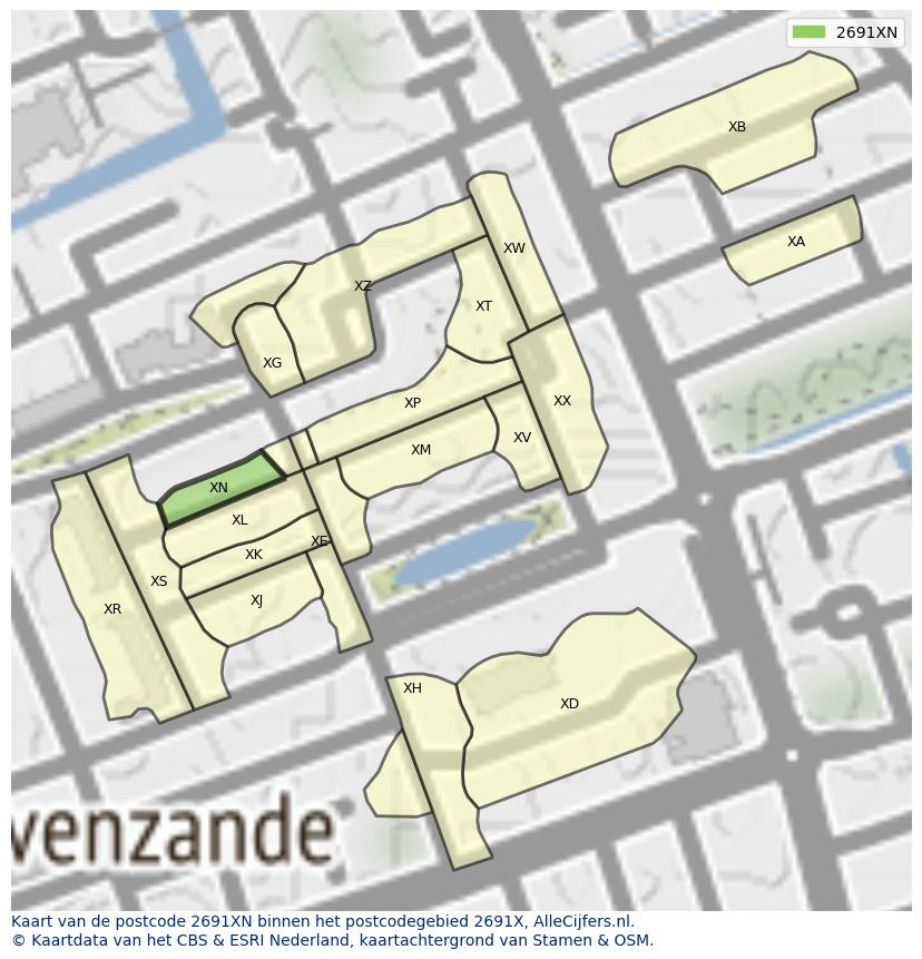 Afbeelding van het postcodegebied 2691 XN op de kaart.