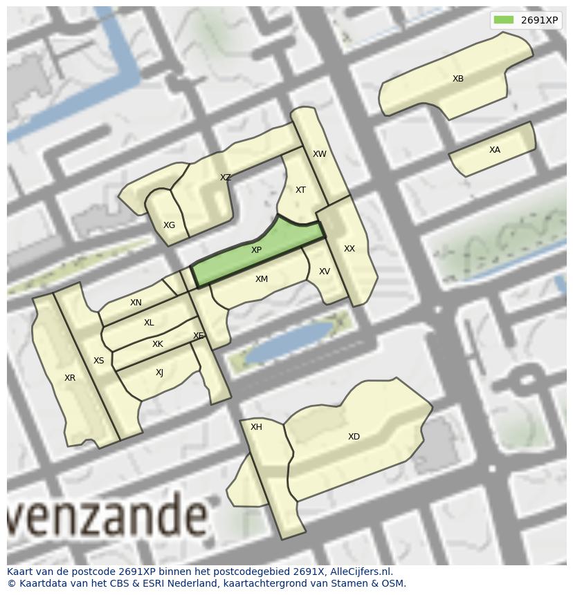 Afbeelding van het postcodegebied 2691 XP op de kaart.