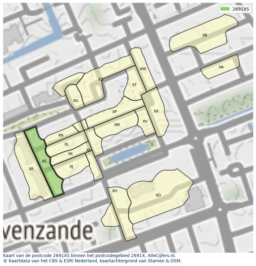 Afbeelding van het postcodegebied 2691 XS op de kaart.