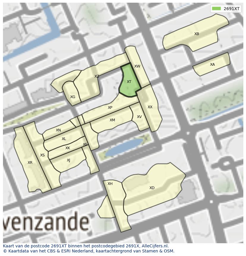 Afbeelding van het postcodegebied 2691 XT op de kaart.
