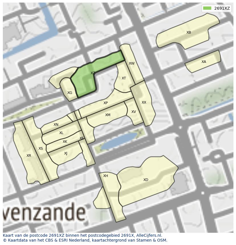 Afbeelding van het postcodegebied 2691 XZ op de kaart.