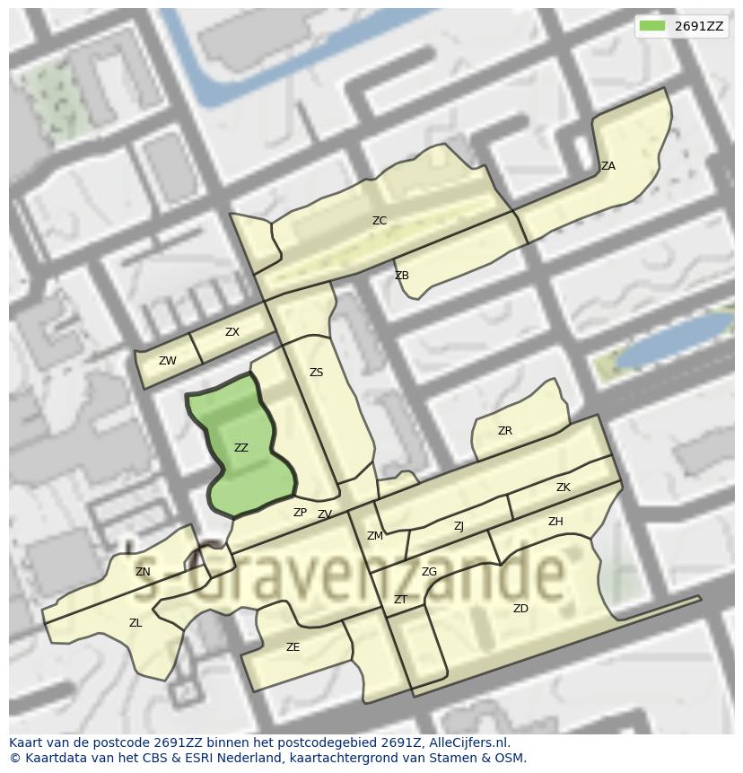 Afbeelding van het postcodegebied 2691 ZZ op de kaart.