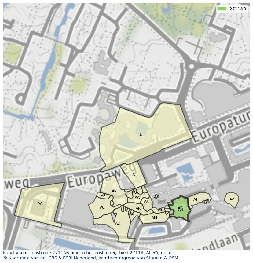 Afbeelding van het postcodegebied 2711 AB op de kaart.