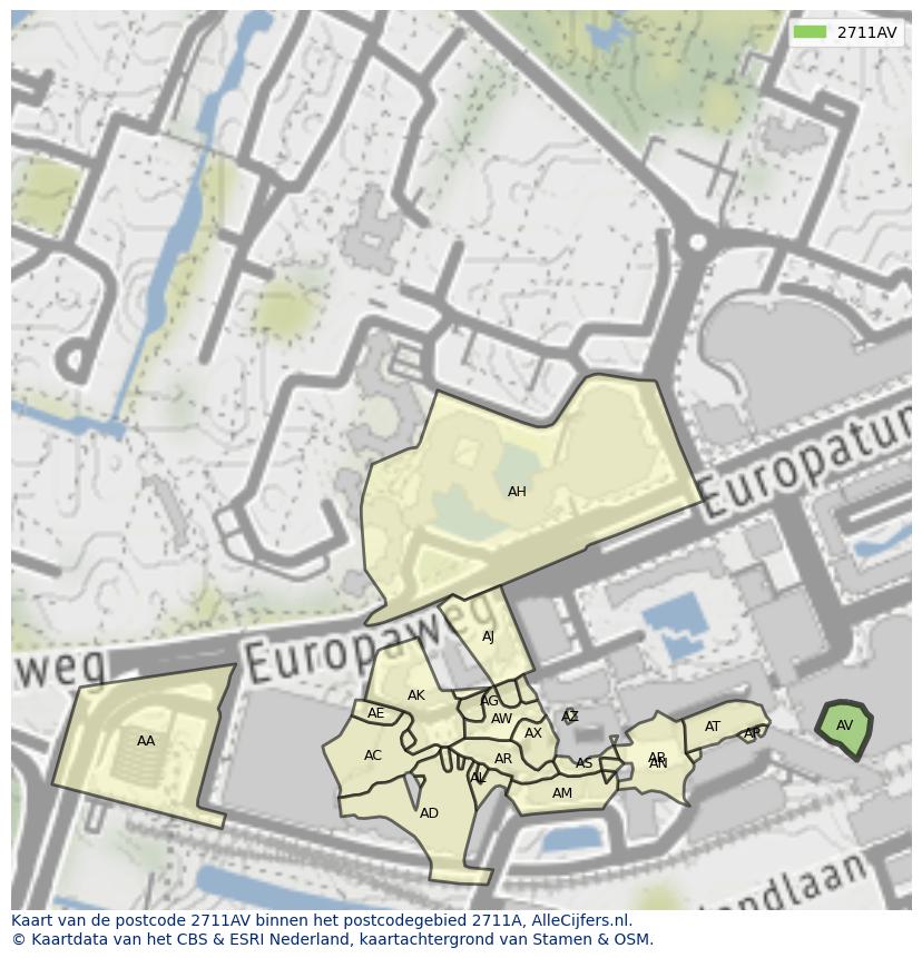 Afbeelding van het postcodegebied 2711 AV op de kaart.