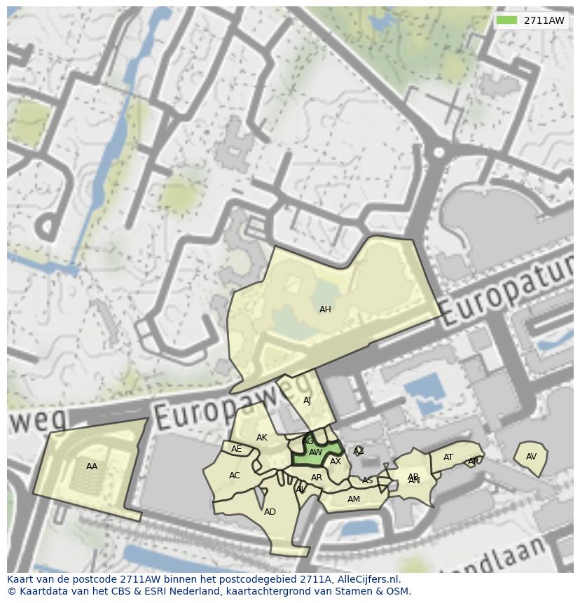 Afbeelding van het postcodegebied 2711 AW op de kaart.