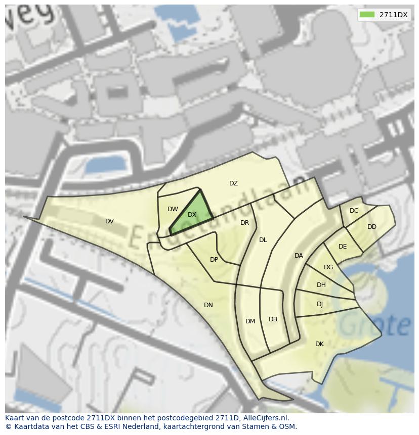 Afbeelding van het postcodegebied 2711 DX op de kaart.