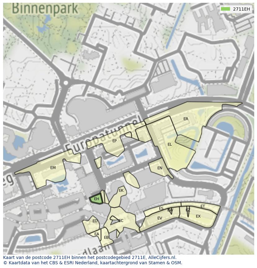 Afbeelding van het postcodegebied 2711 EH op de kaart.