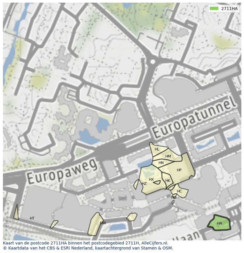 Afbeelding van het postcodegebied 2711 HA op de kaart.