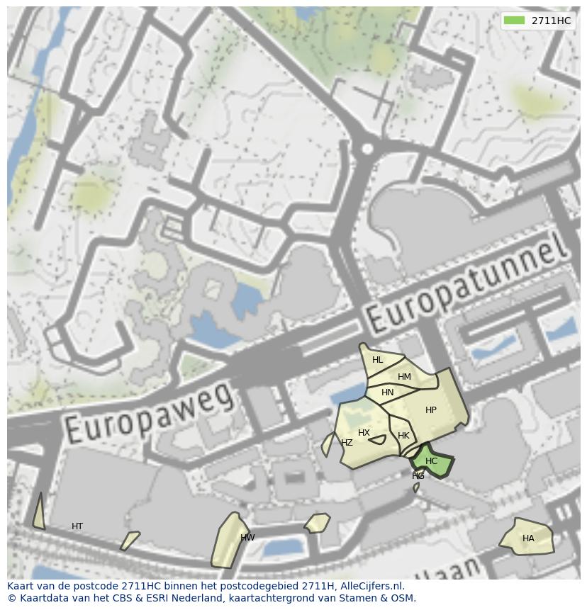 Afbeelding van het postcodegebied 2711 HC op de kaart.