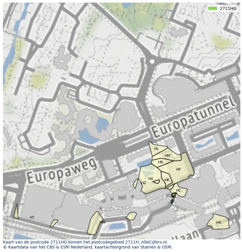 Afbeelding van het postcodegebied 2711 HG op de kaart.