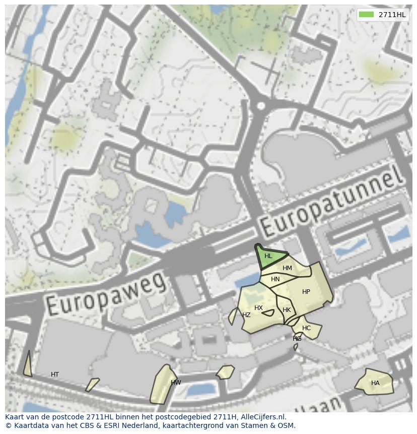 Afbeelding van het postcodegebied 2711 HL op de kaart.