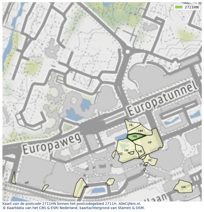 Afbeelding van het postcodegebied 2711 HN op de kaart.