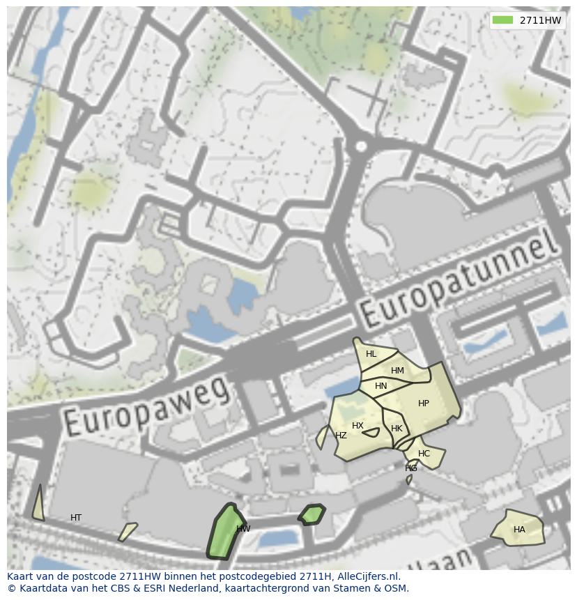 Afbeelding van het postcodegebied 2711 HW op de kaart.