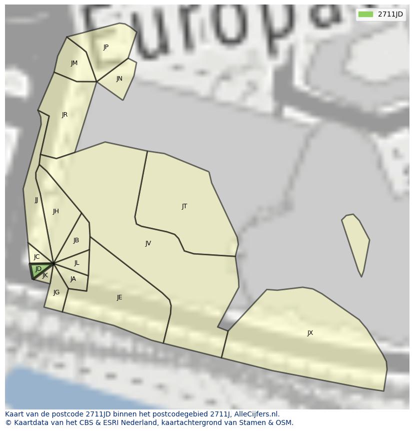 Afbeelding van het postcodegebied 2711 JD op de kaart.