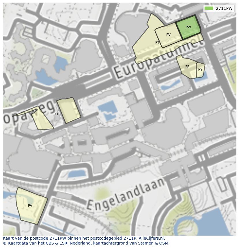 Afbeelding van het postcodegebied 2711 PW op de kaart.