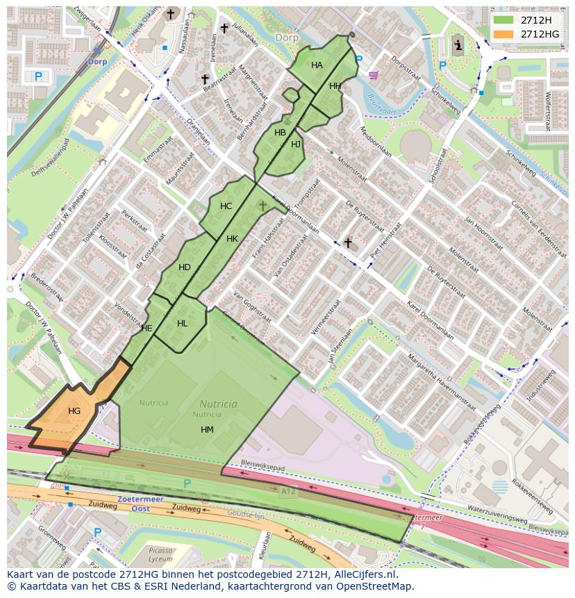 Afbeelding van het postcodegebied 2712 HG op de kaart.