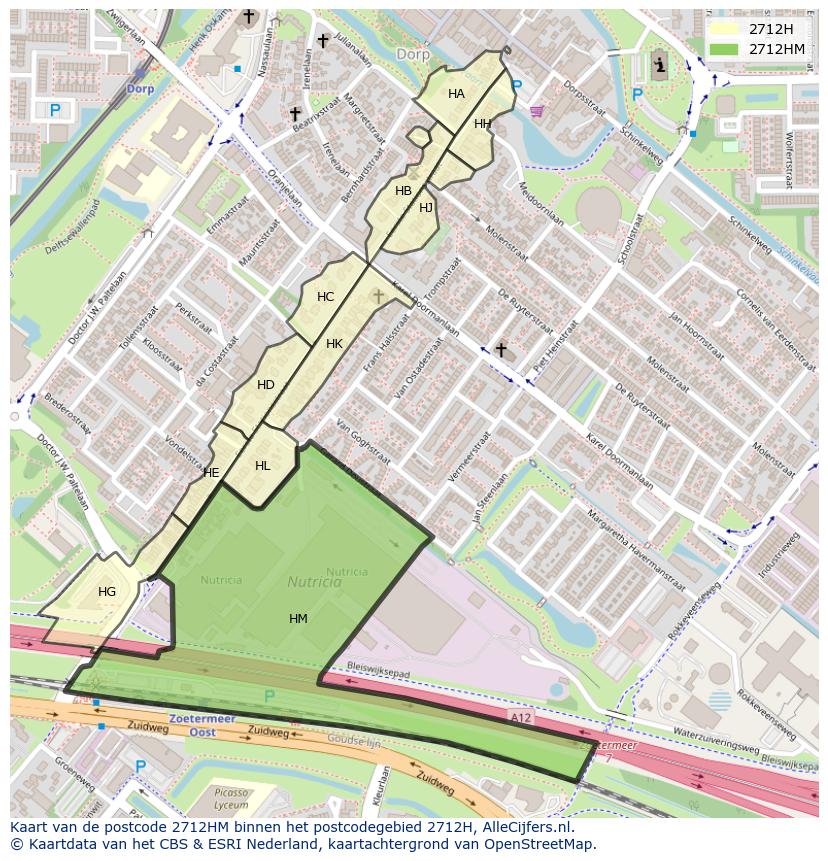 Afbeelding van het postcodegebied 2712 HM op de kaart.