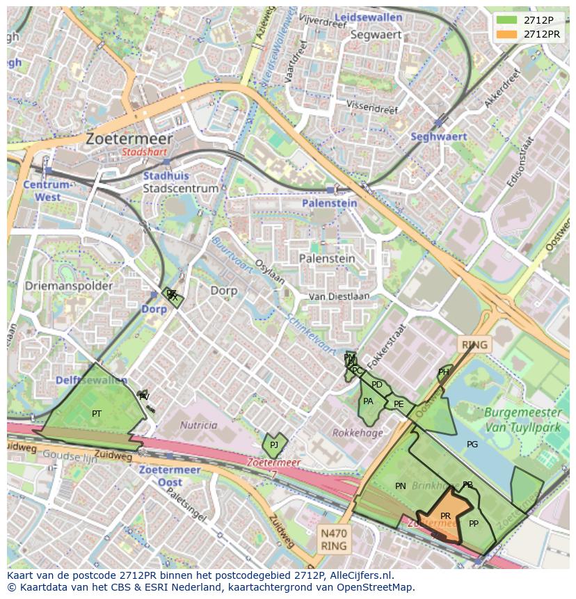 Afbeelding van het postcodegebied 2712 PR op de kaart.