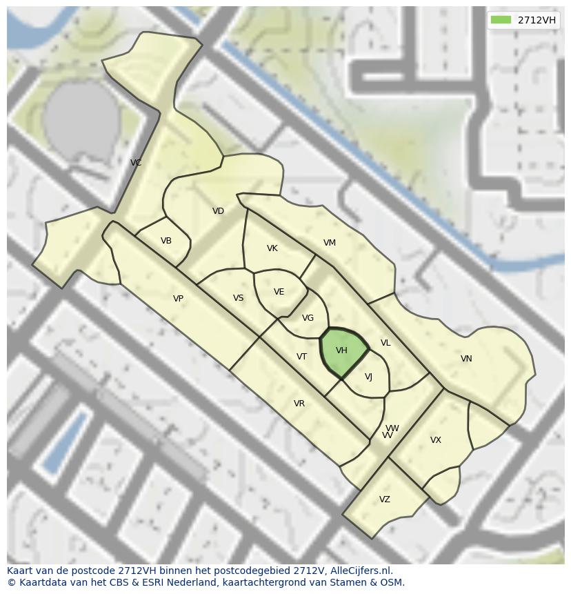 Afbeelding van het postcodegebied 2712 VH op de kaart.