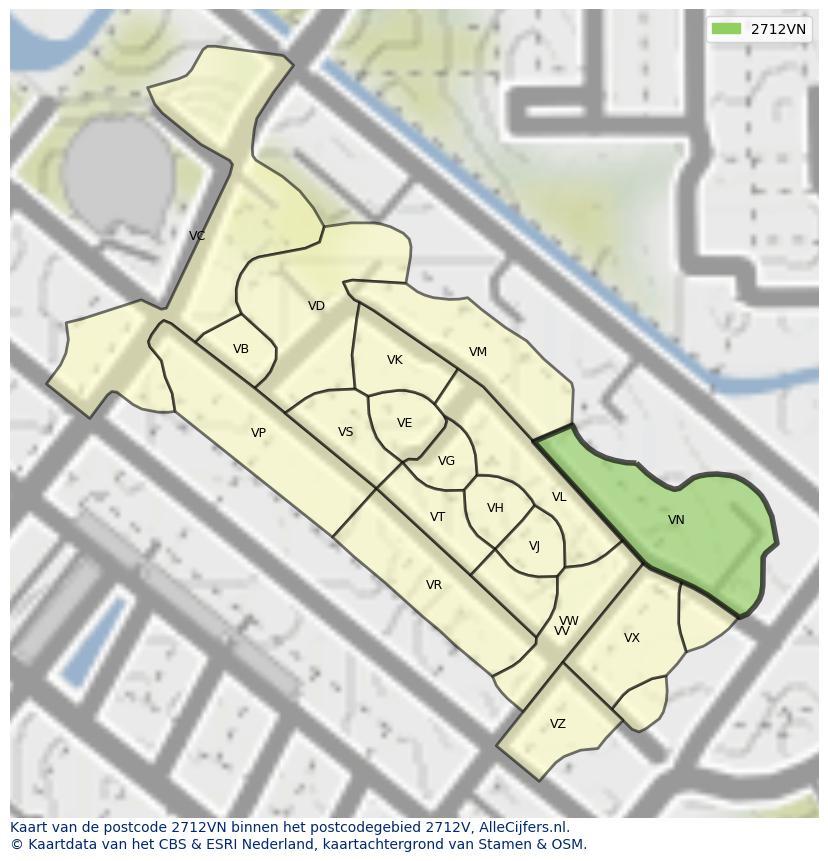 Afbeelding van het postcodegebied 2712 VN op de kaart.