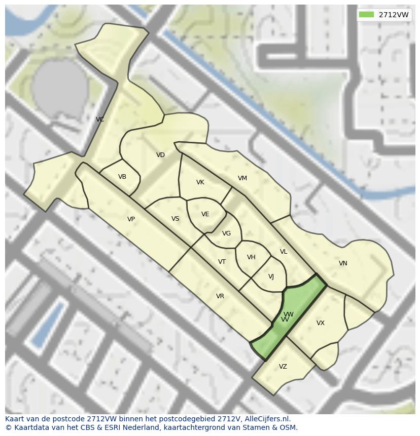Afbeelding van het postcodegebied 2712 VW op de kaart.
