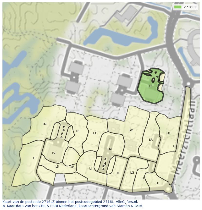 Afbeelding van het postcodegebied 2716 LZ op de kaart.