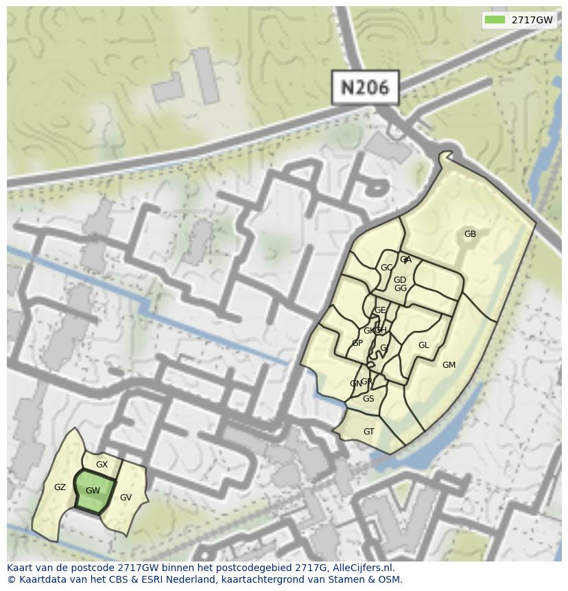 Afbeelding van het postcodegebied 2717 GW op de kaart.