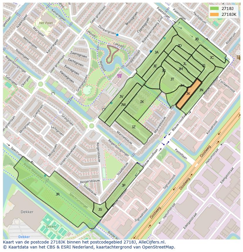 Afbeelding van het postcodegebied 2718 JK op de kaart.