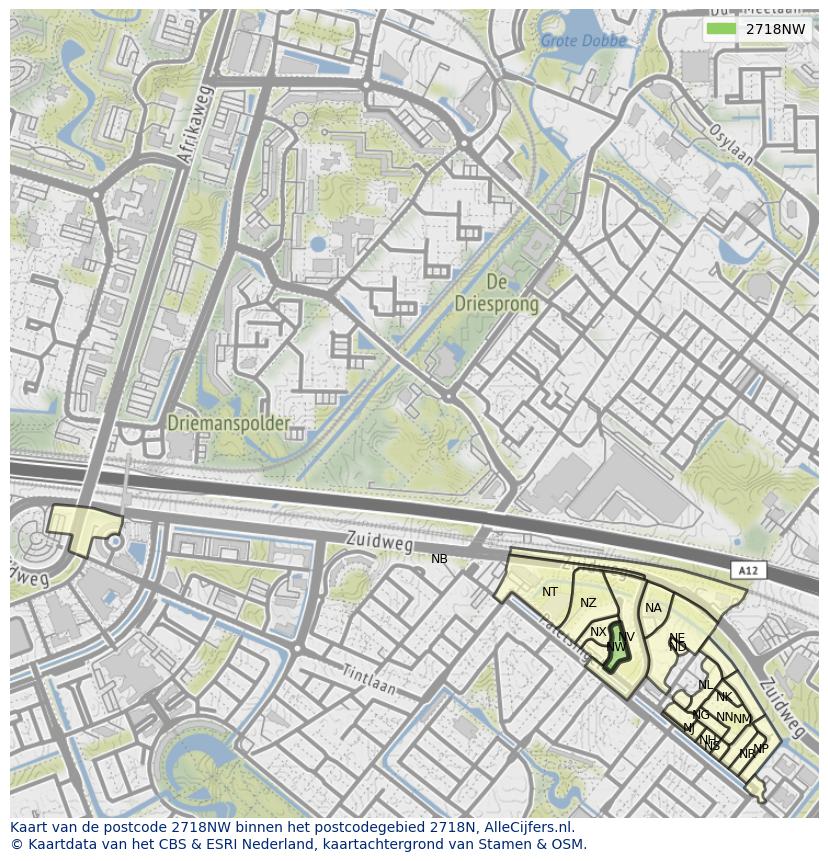 Afbeelding van het postcodegebied 2718 NW op de kaart.