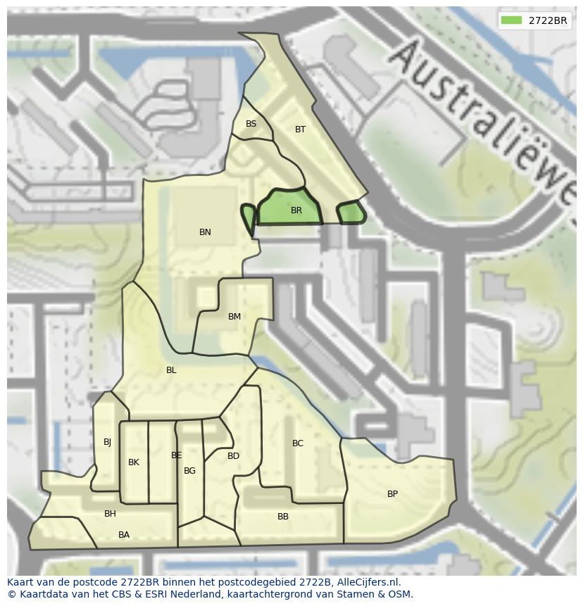 Afbeelding van het postcodegebied 2722 BR op de kaart.