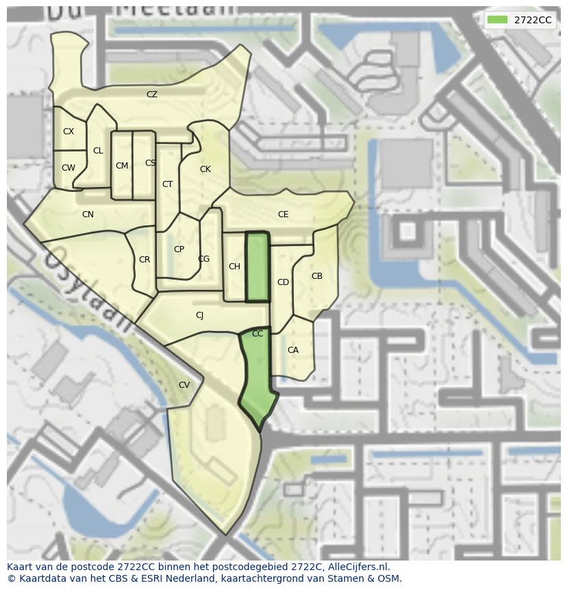 Afbeelding van het postcodegebied 2722 CC op de kaart.