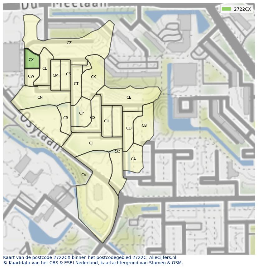 Afbeelding van het postcodegebied 2722 CX op de kaart.