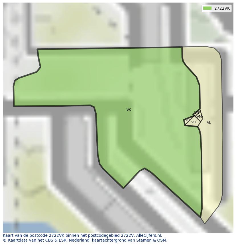 Afbeelding van het postcodegebied 2722 VK op de kaart.