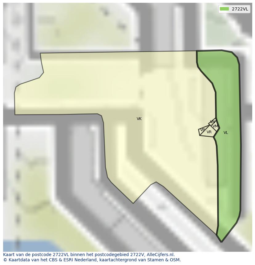 Afbeelding van het postcodegebied 2722 VL op de kaart.
