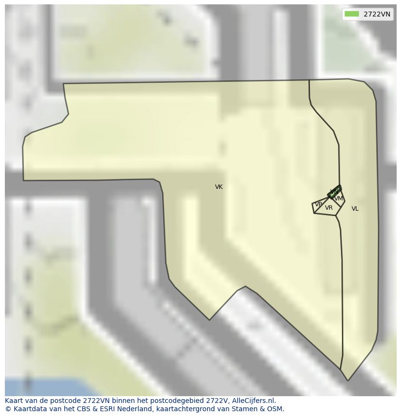 Afbeelding van het postcodegebied 2722 VN op de kaart.