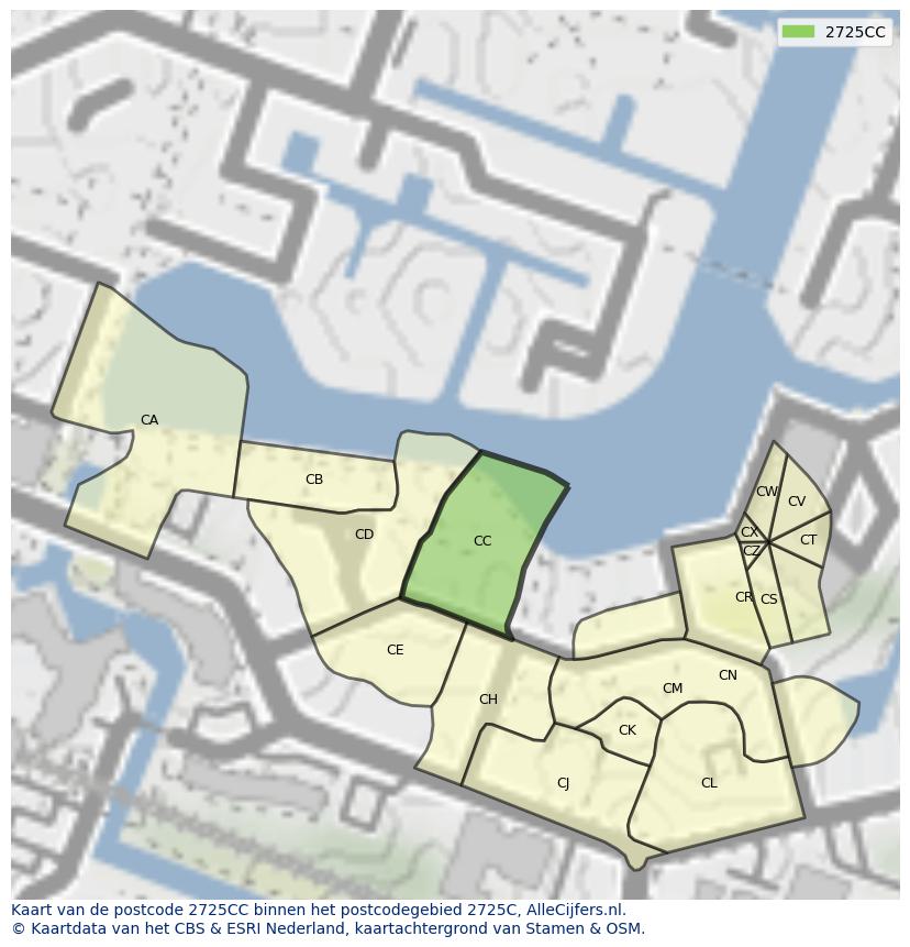Afbeelding van het postcodegebied 2725 CC op de kaart.