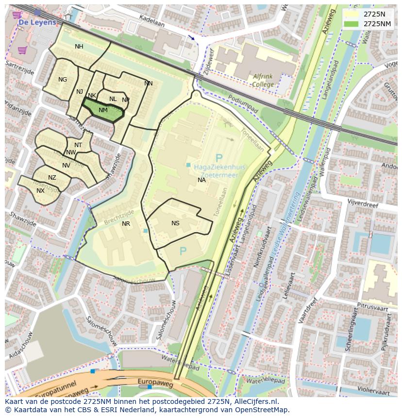 Afbeelding van het postcodegebied 2725 NM op de kaart.