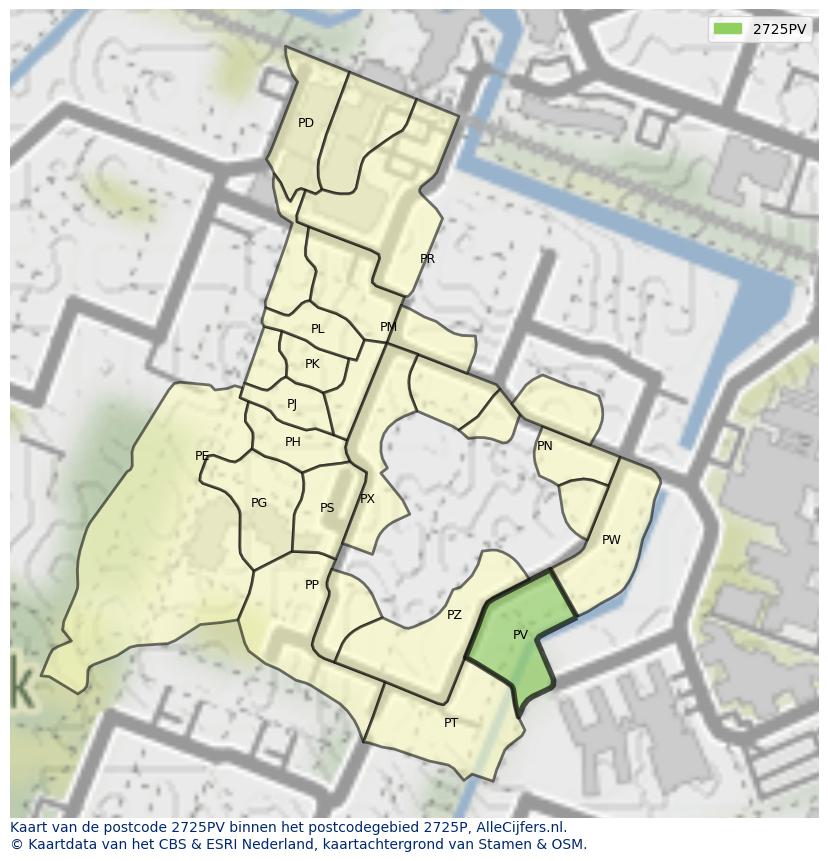 Afbeelding van het postcodegebied 2725 PV op de kaart.