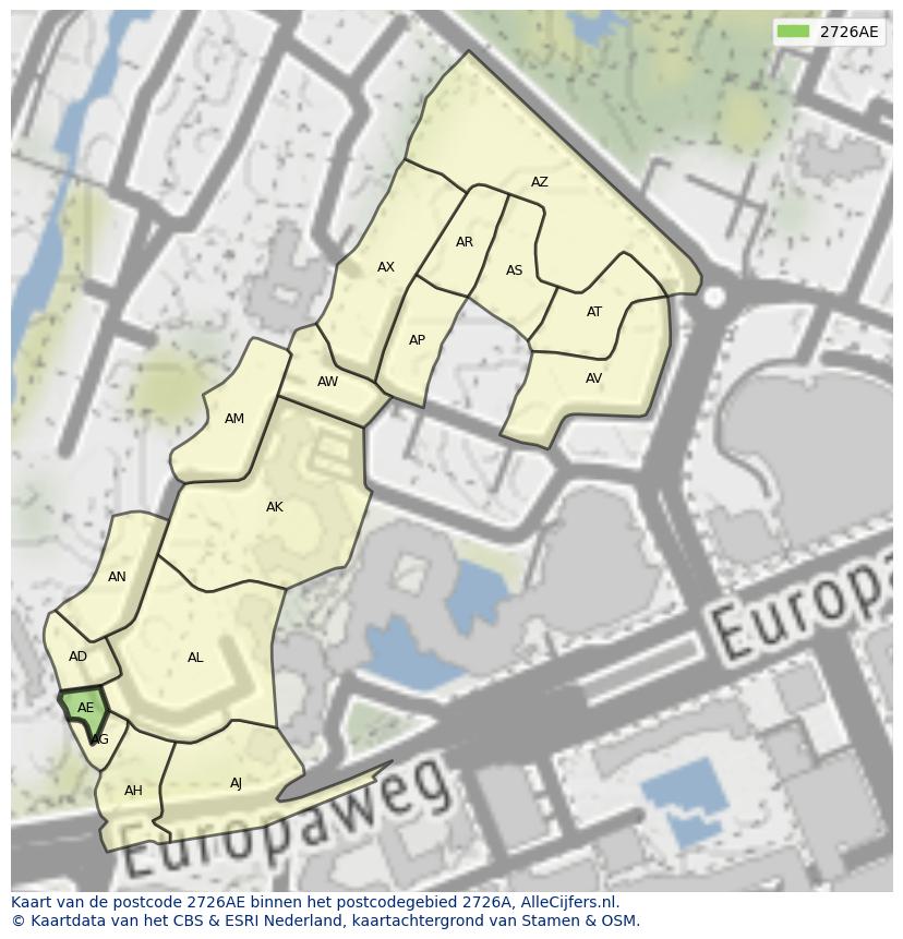 Afbeelding van het postcodegebied 2726 AE op de kaart.