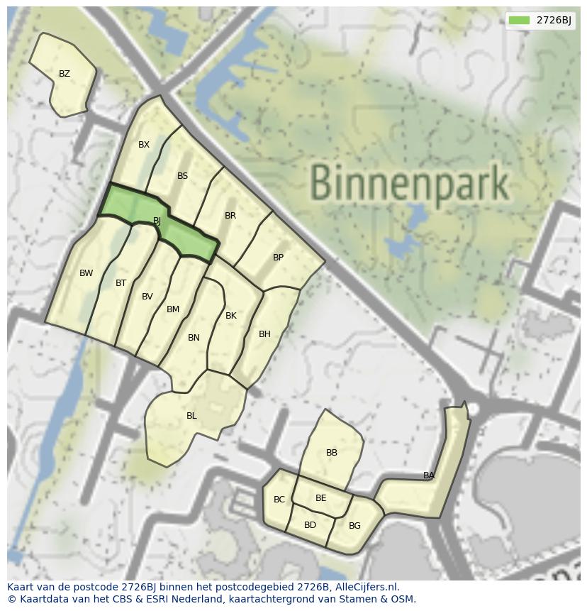 Afbeelding van het postcodegebied 2726 BJ op de kaart.