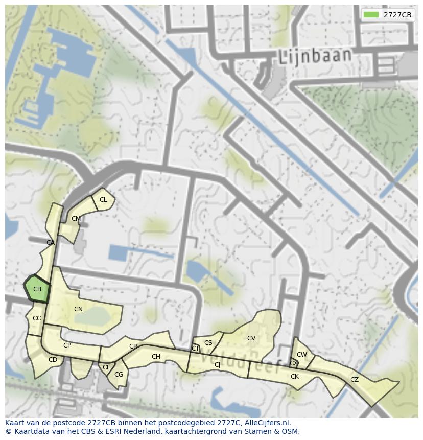 Afbeelding van het postcodegebied 2727 CB op de kaart.
