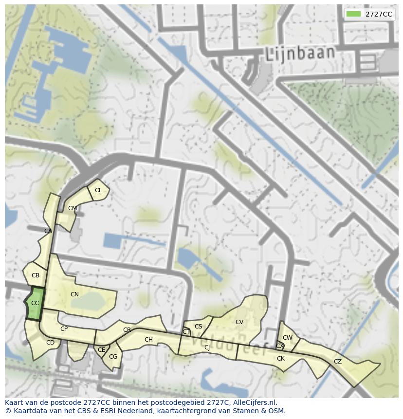Afbeelding van het postcodegebied 2727 CC op de kaart.