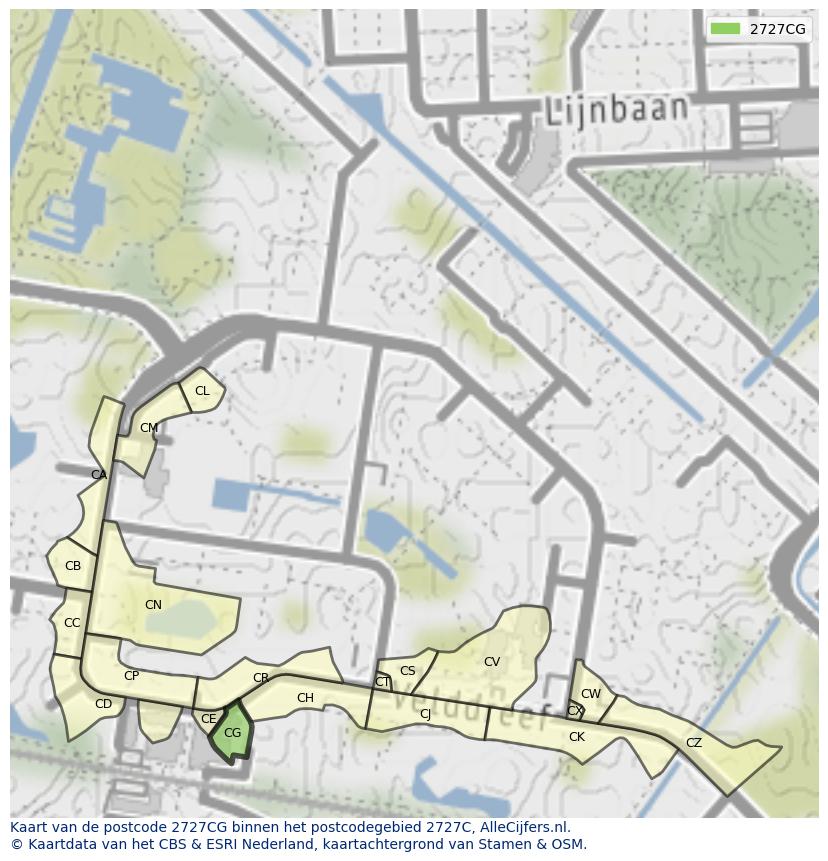 Afbeelding van het postcodegebied 2727 CG op de kaart.